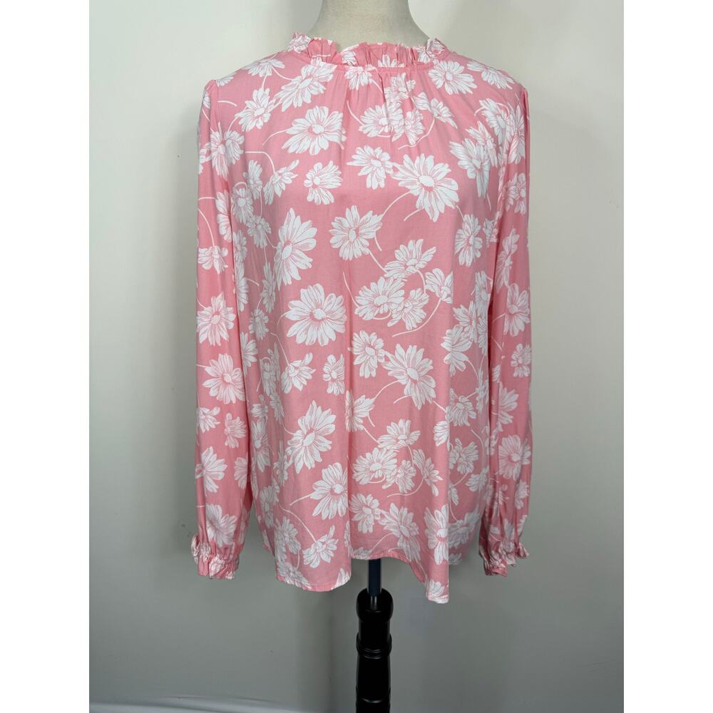 LOFT Pink Daisy Print Ruffle Neck Blouse Floral Keyhole Back Size L Coquette